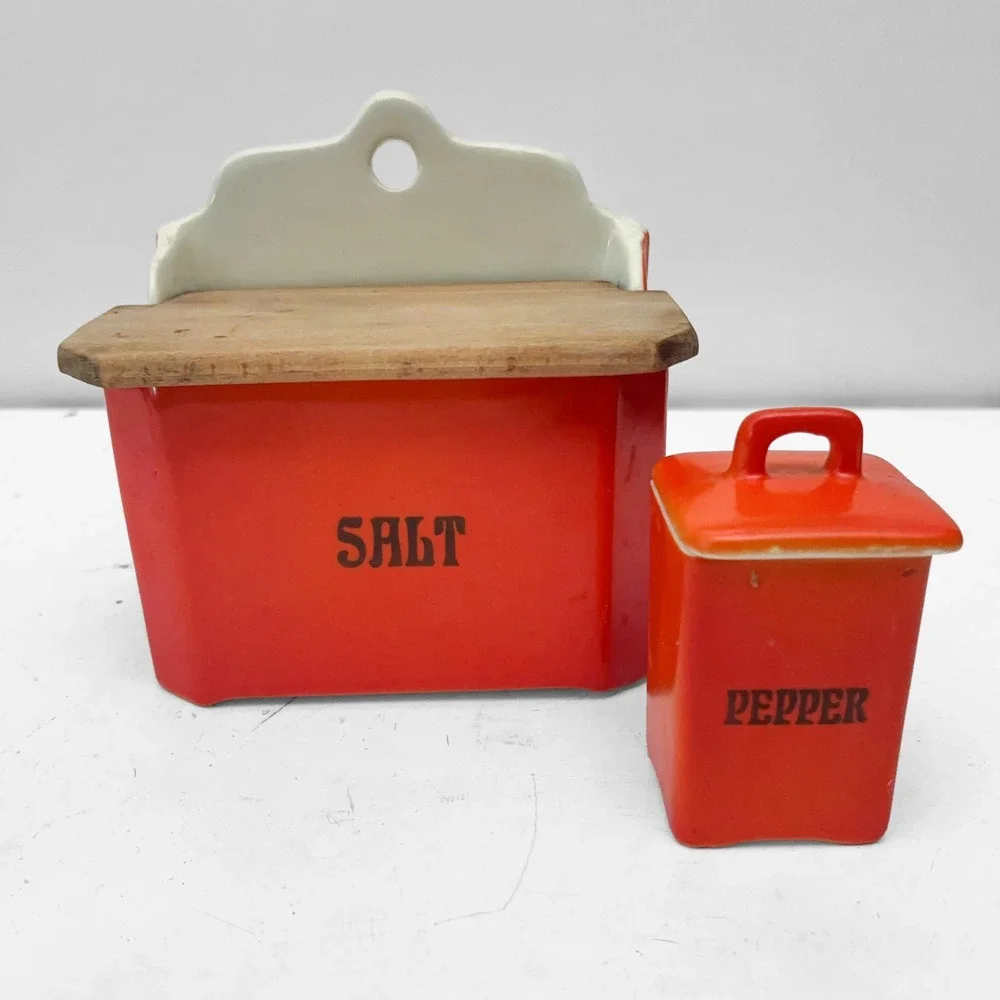 Vintage Czechoslovakia Salt Box & Pepper Spice Jar Set Orange Ceramic Wood MCM